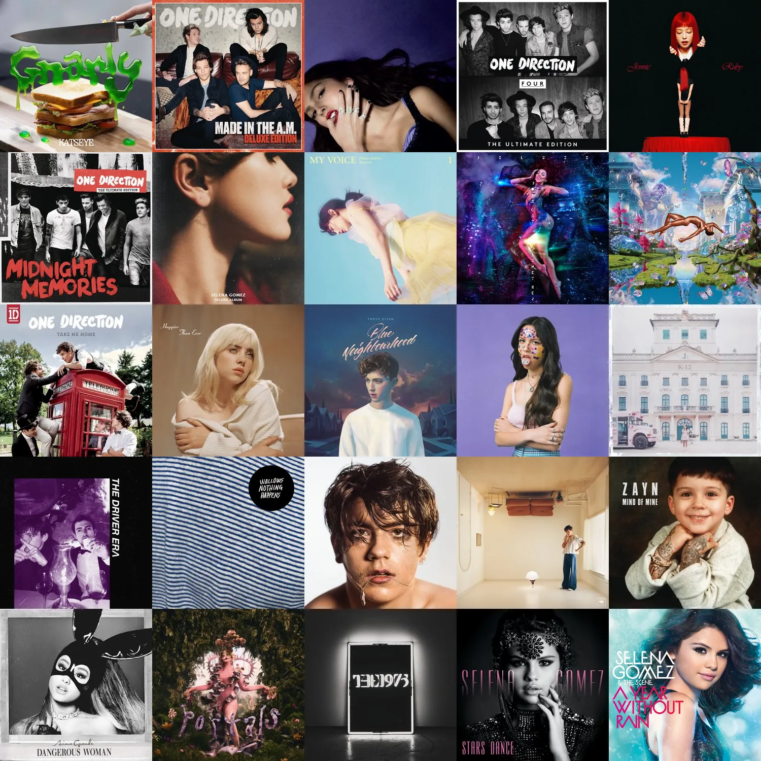 a 5x5 collage of music album covers
