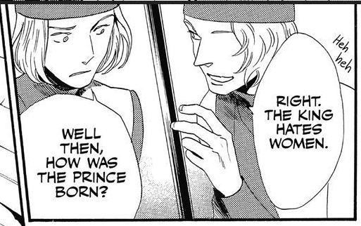 manga panel from requiem of the rose king. two men talk through a doorway. one says: 'right. the king hates women.' the other replies: 'well then, how was the prince born?'