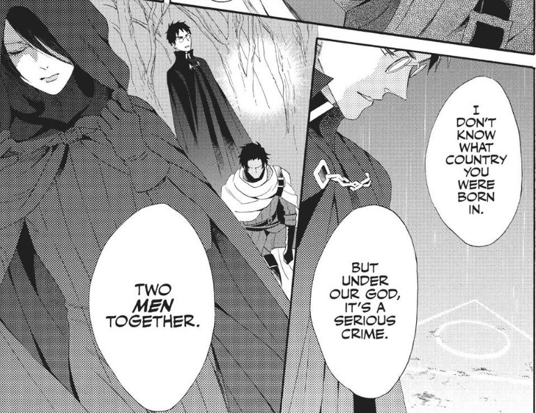 panel 1 of 2. a character says: 'i don't know what country you were born in. but under our god, it's a serious crime. two men together'